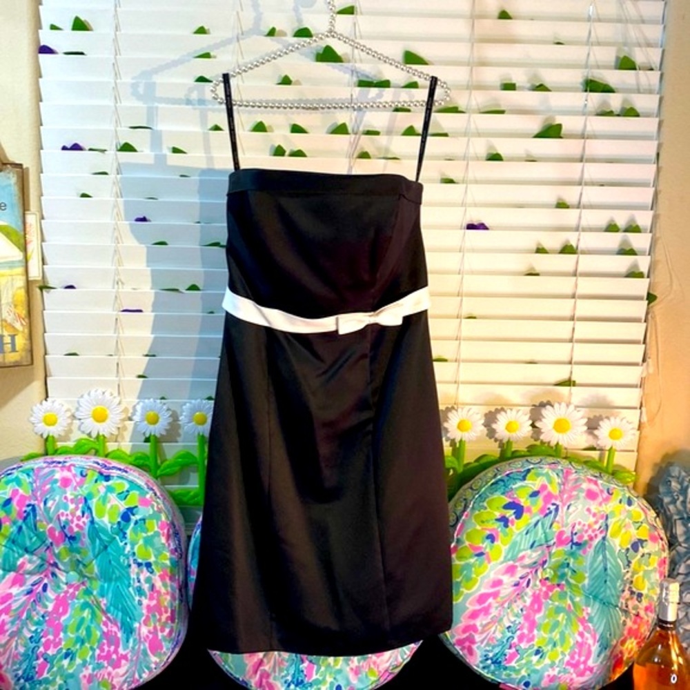 Alfred Angelo strapless black satin dress with creamy white fabric waist belt